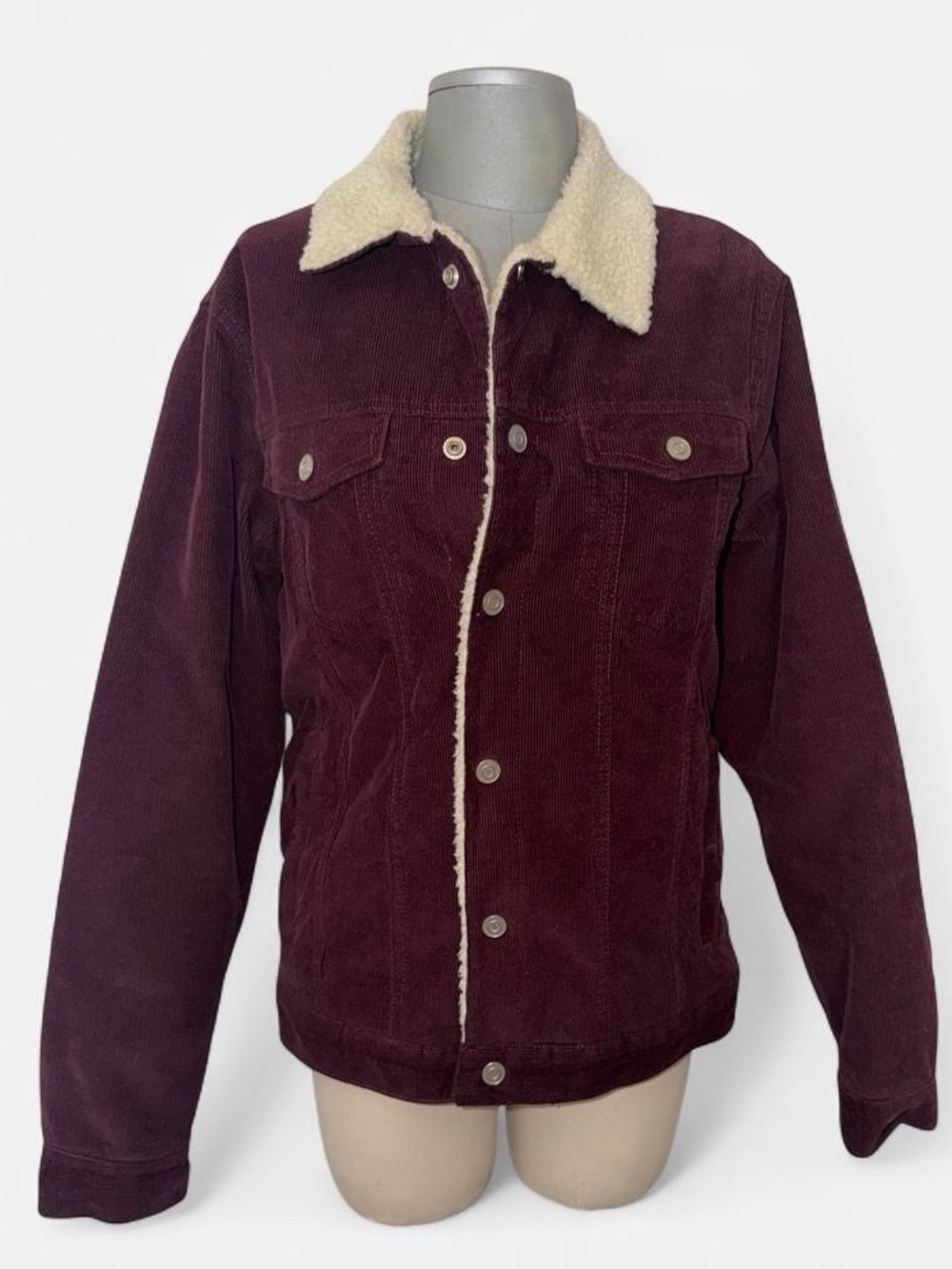 Denim & Flower Men's Corduroy Sherpa Jacket - Deep Burgundy with Cream Collar